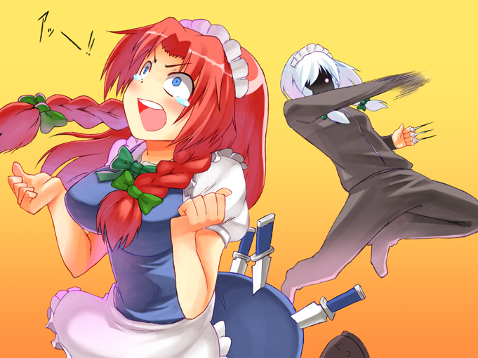 takeda kanryuusai, hong meiling, izayoi sakuya, touhou, bad id, bad pixiv id, 2girls, alternate costume, apron, bow, braid, cosplay, costume switch, enmaided, female focus, hair bow, knife, long sleeves, maid, maid apron, maid headdress, multiple girls, open mouth, short sleeves, tears, throwing knife, track suit, twin braids, weapon