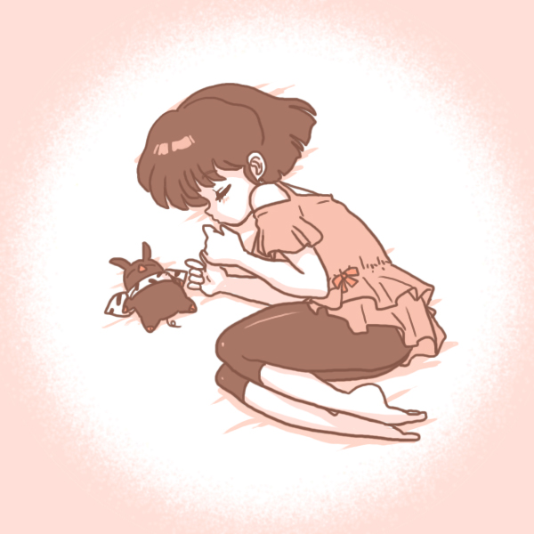 wanta (futoshi), p-chan, tendou akane, ranma 1/2, 1girl, animal, bandana, barefoot, closed eyes, pig, short hair, sleeping