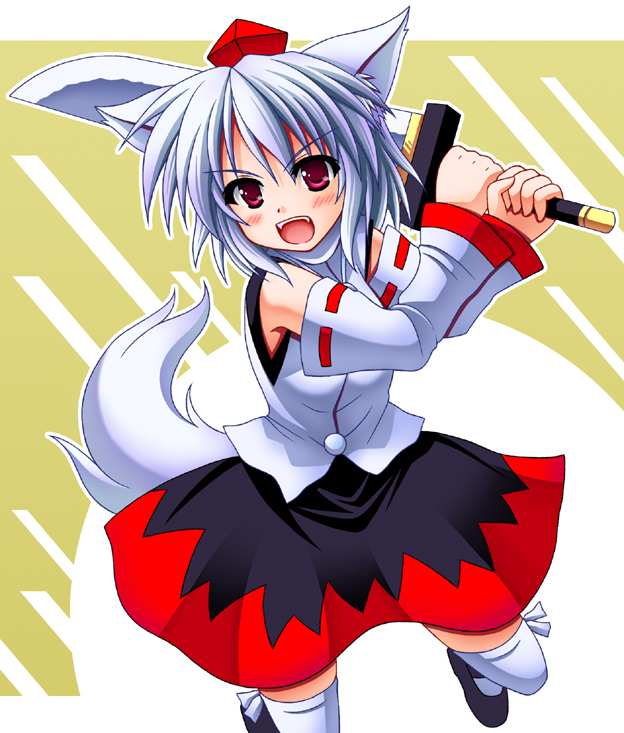 nagana sayui, inubashiri momiji, touhou, silver hair, 1girl, animal ears, detached sleeves, female focus, hat, red eyes, short hair, solo, sword, tail, thighhighs, tokin hat, weapon, wolf ears, wolf tail