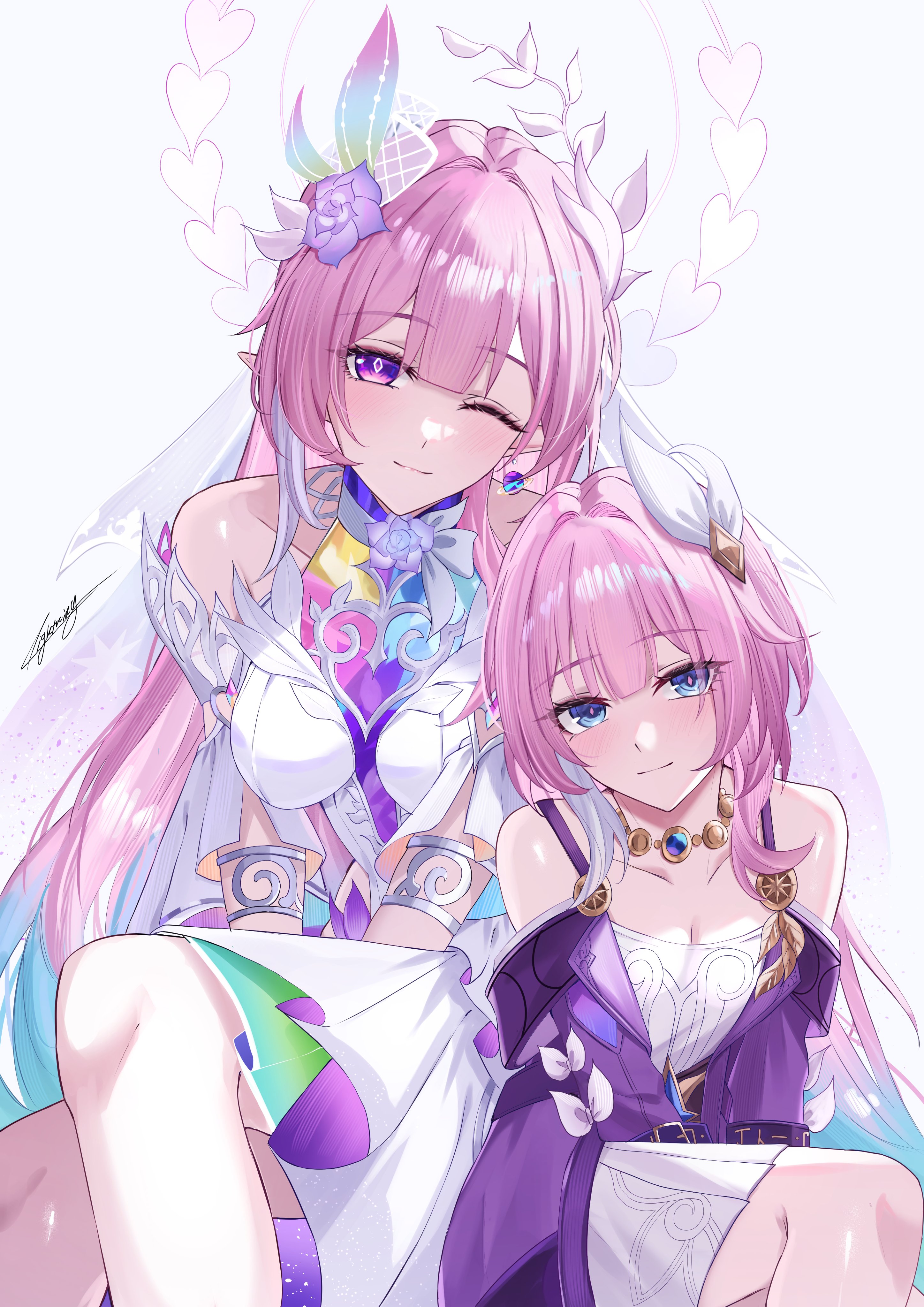 miya-chan (lightning0730), cyrene (honkai: star rail), cyrene (ripples of past reverie) (honkai: star rail), honkai: star rail, honkai (series), absurdres, commentary request, highres, 2girls, aqua hair, bare shoulders, blue eyes, breasts, cleavage, coat, cyrene (aedes elysiae) (honkai: star rail), diamond-shaped pupils, diamond (shape), dress, dual persona, hair flaps, halo, jewelry, large breasts, long hair, multicolored hair, multiple girls, necklace, pink hair, purple coat, purple eyes, simple background, small breasts, symbol-shaped pupils, two-tone hair, very long hair, white background, white dress, white hair