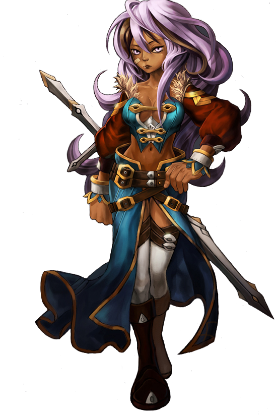 florensia, artist request, 1girl, bandaid, breasts, cleavage, female focus, medium breasts, midriff, purple hair, solo, sword, transparent background, weapon