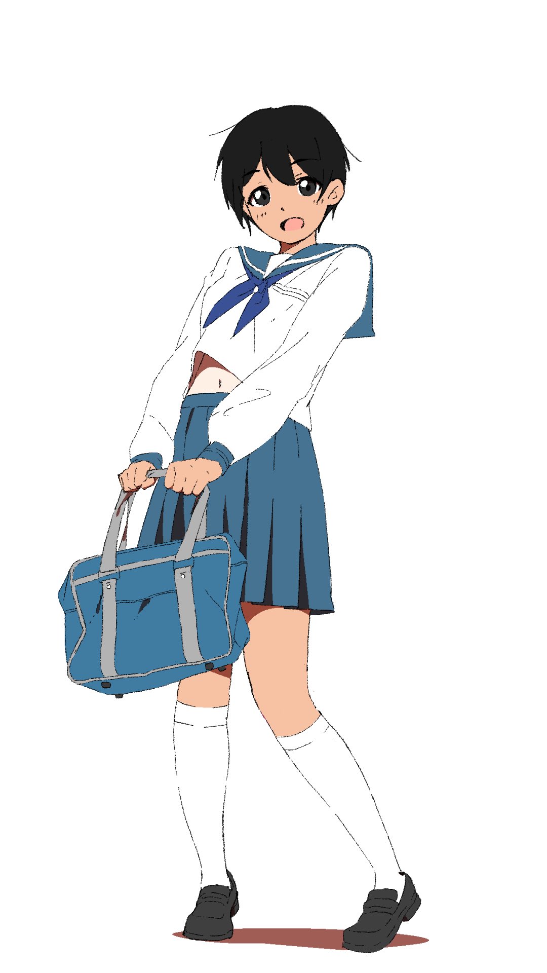 original, highres, 1girl, bag, black eyes, black hair, blue sailor collar, blue skirt, full body, kneehighs, loafers, long sleeves, looking at viewer, navel, neckerchief, omame 0430, open mouth, pleated skirt, sailor collar, school bag, school uniform, serafuku, shoes, short hair, skirt, smile, socks, solo, standing, white background