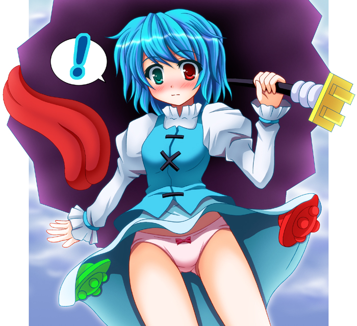nagana sayui, tatara kogasa, touhou, !, 1girl, blue hair, blush, female focus, geta, heterochromia, karakasa obake, oil-paper umbrella, panties, short hair, solo, ufo, umbrella, underwear