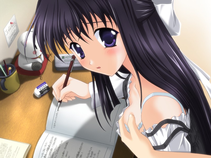nanao naru, shirakawa sayaka, suika (visual novel), game cg, 00s, 1girl, aqua eyes, bare shoulders, blue eyes, blush, bow, bra, breasts, cat, downblouse, grabbing another's breast, groping, hair bow, hair ribbon, homework, lingerie, looking up, notebook, pen, ribbon, small breasts, solo focus, strap slip, underwear, | |