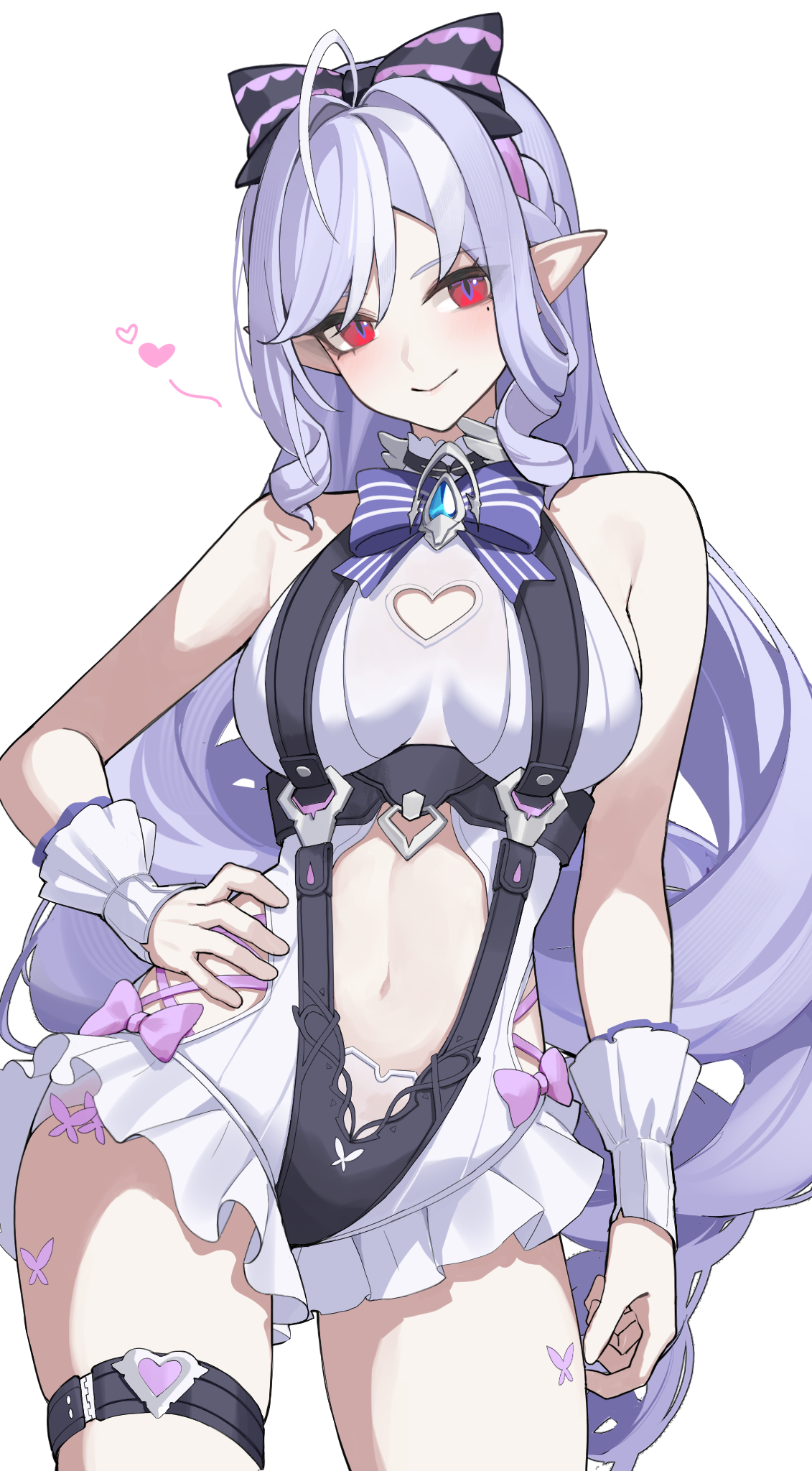 paszuto, vivian banshee, vivian banshee (iris of the shore), zenless zone zero, commentary, english commentary, highres, 1girl, animal print, bare shoulders, black bow, bow, bowtie, breasts, butterfly print, clothing cutout, drill hair, frilled one-piece swimsuit, frills, hair bow, hand on own hip, heart, heart cutout, long hair, looking at viewer, mole, mole under eye, navel, official alternate costume, one-piece swimsuit, pointy ears, purple bow, purple bowtie, purple hair, red eyes, see-through clothes, sideboob cutout, simple background, smile, solo, standing, stomach, stomach cutout, swimsuit, thigh strap, two-tone one-piece swimsuit, white background