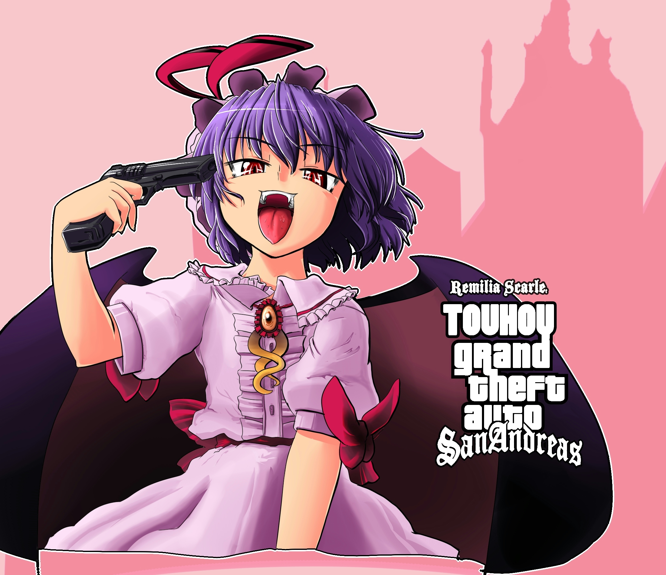 kato (artist), kato (mogumoguokome), remilia scarlet, grand theft auto, grand theft auto: san andreas, rockstar, touhou, highres, md5 mismatch, resolution mismatch, source smaller, 1girl, at gunpoint, bat wings, copyright name, fang, fangs, female focus, gun, gun to head, hat, holding, holding gun, holding weapon, parody, purple hair, red eyes, short hair, solo, teeth, tongue, weapon, wings