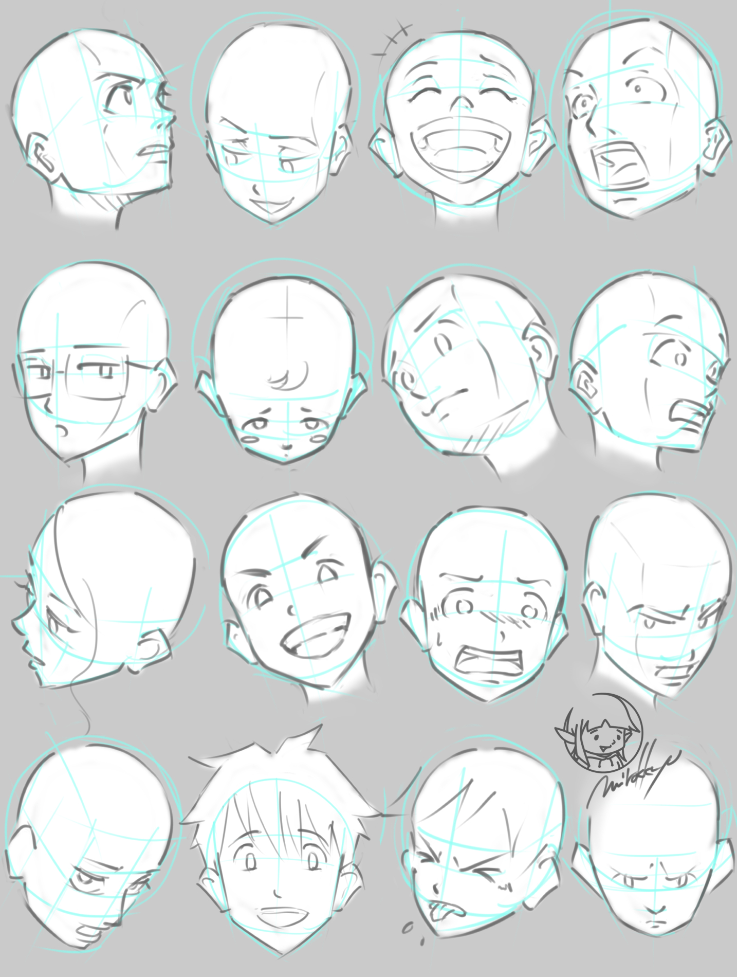 mirokkyu, original, highres, 1girl, 6+boys, blush, closed eyes, grin, guide, how to, monochrome, multiple boys, multiple expressions, open mouth, sketch, smile