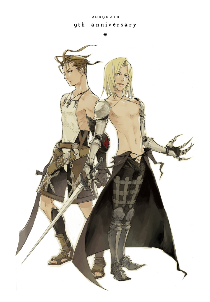 arita youko, ashley riot, sydney losstarot, vagrant story, 2boys, belt, blonde hair, boots, brown hair, claws, cross, full body, male focus, multiple boys, navel, sandals, simple background, sword, topless male, weapon, white background