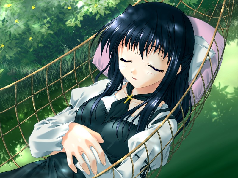 shirakawa sayaka, suika (visual novel), game cg, 00s, 1girl, black hair, cross, crossed arms, dress, female focus, grass, hair ribbon, hammock, long hair, pillow, ribbon, sleeping, solo