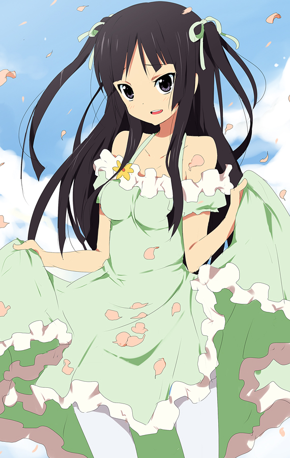 kl (dgzonbi), akiyama mio, k-on!, 00s, 1girl, black hair, blue eyes, bow, breasts, dress, female focus, hair ribbon, long hair, outdoors, pantyhose, petals, ribbon, sky, solo, twintails, white pantyhose