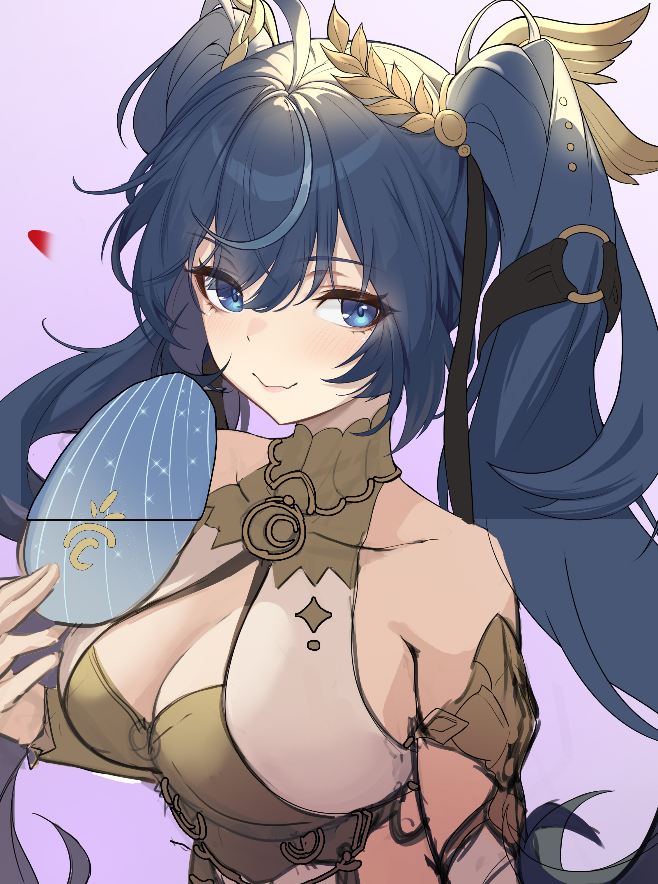 birkai, iuno (wuthering waves), wuthering waves, absurdres, commentary, highres, 1girl, ahoge, armlet, bare shoulders, blue eyes, blue hair, breasts, cleavage, closed mouth, gold bra, holding, jewelry, large breasts, laurel crown, light blush, long hair, looking at viewer, multicolored hair, purple background, simple background, smile, solo, streaked hair, twintails, upper body