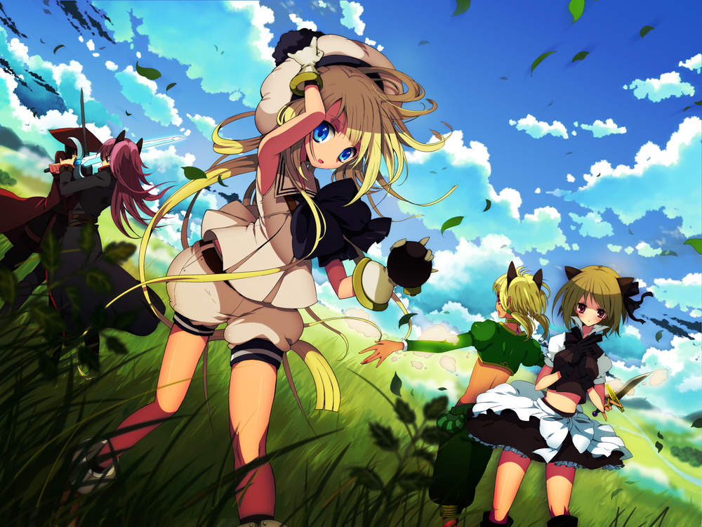 80ne80ne, rugo, pixiv fantasia, pixiv fantasia 3, 4girls, akatsuhara empire, animal ears, blonde hair, blue eyes, blurry, cloud, day, depth of field, dutch angle, gloves, grass, hand on headwear, hat, knife, long hair, meadow, multiple girls, outstretched arms, purple hair, red eyes, ribbon, short hair, skirt, sky, spread arms, sword, weapon, wind