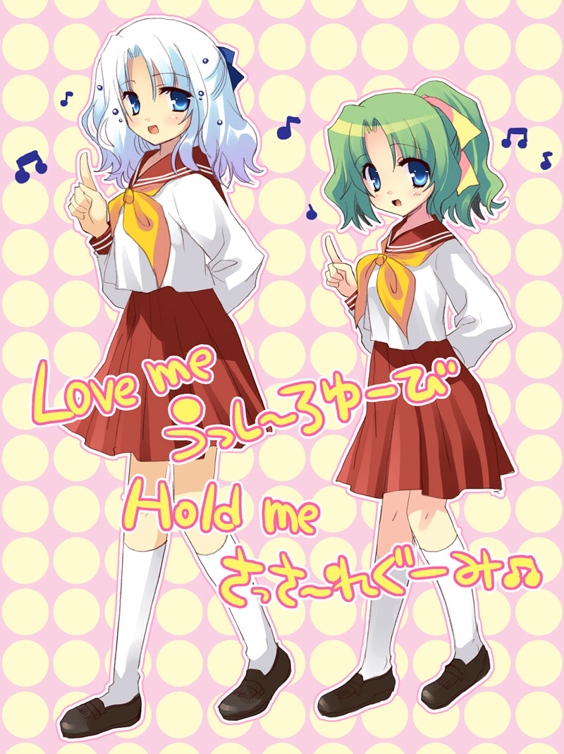 izumi makoto, cecil harvey, tina branford, dissidia final fantasy, final fantasy, final fantasy iv, final fantasy vi, 1990s (style), 2girls, genderswap, genderswap (mtf), green hair, hair ribbon, multiple girls, music, ponytail, ribbon, school uniform, singing, skirt, white hair