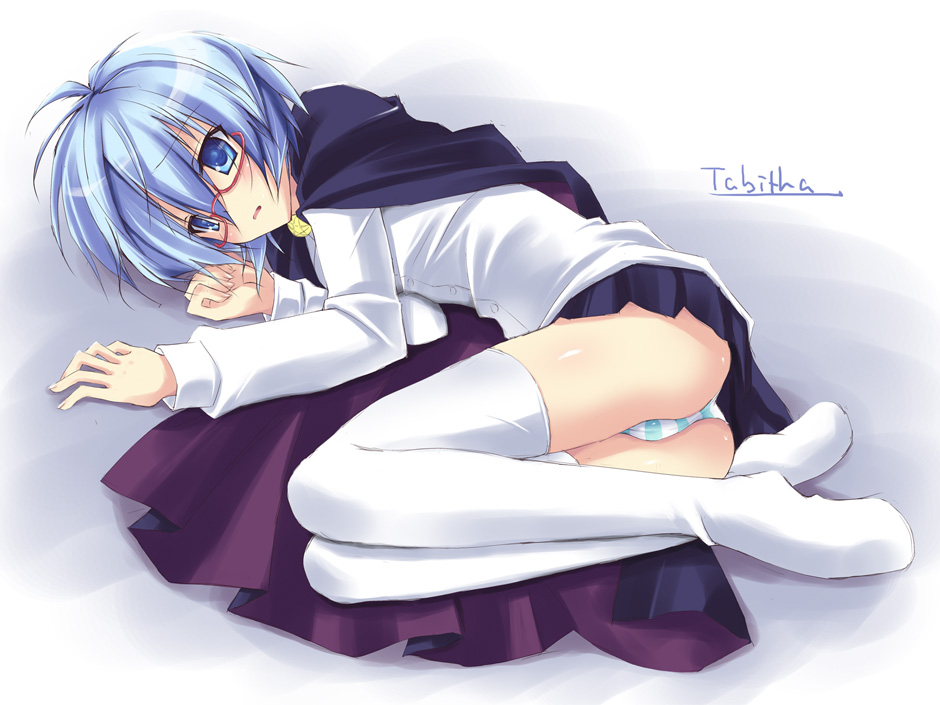 ruschuto, tabitha (zero no tsukaima), zero no tsukaima, white legwear, 00s, ass, blouse, blue eyes, blue hair, blue panties, brooch, cape, glasses, jewelry, lying, miniskirt, on side, panties, pantyshot, school uniform, shirt, short hair, skirt, striped clothes, striped panties, thighhighs, underwear
