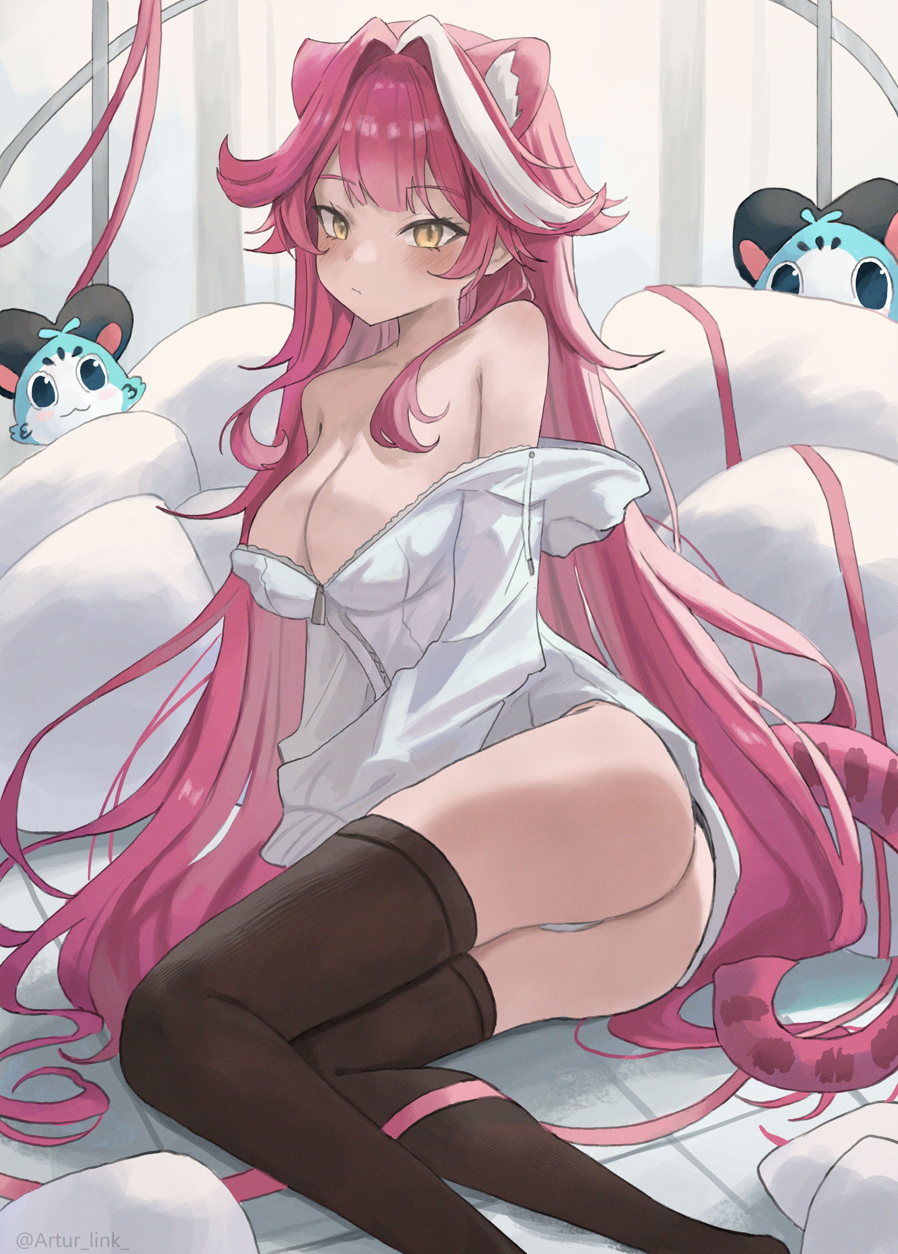 artur link, raora panthera, raora panthera (1st costume), hololive, hololive english, absurdres, commentary, highres, 1girl, animal ears, ass, bare shoulders, black thighhighs, blush, breasts, cleavage, closed mouth, collarbone, hair intakes, hood, hoodie, large breasts, long hair, long sleeves, multicolored hair, panther ears, panther girl, panther tail, pink hair, pink tail, streaked hair, tail, thighhighs, thighs, twitter username, two-tone hair, virtual youtuber, white hoodie, yellow eyes, zipper pull tab