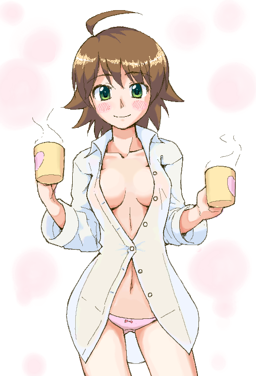 hakkaku shikimi, awakened miki, hoshii miki, idolmaster, idolmaster (classic), idolmaster 1, 00s, 1girl, ahoge, blush, breasts, brown hair, cleavage, cup, dress shirt, female focus, green eyes, mug, no bra, oekaki, open clothes, open shirt, panties, pixel art, see-through clothes, shirt, short hair, smile, solo, underwear