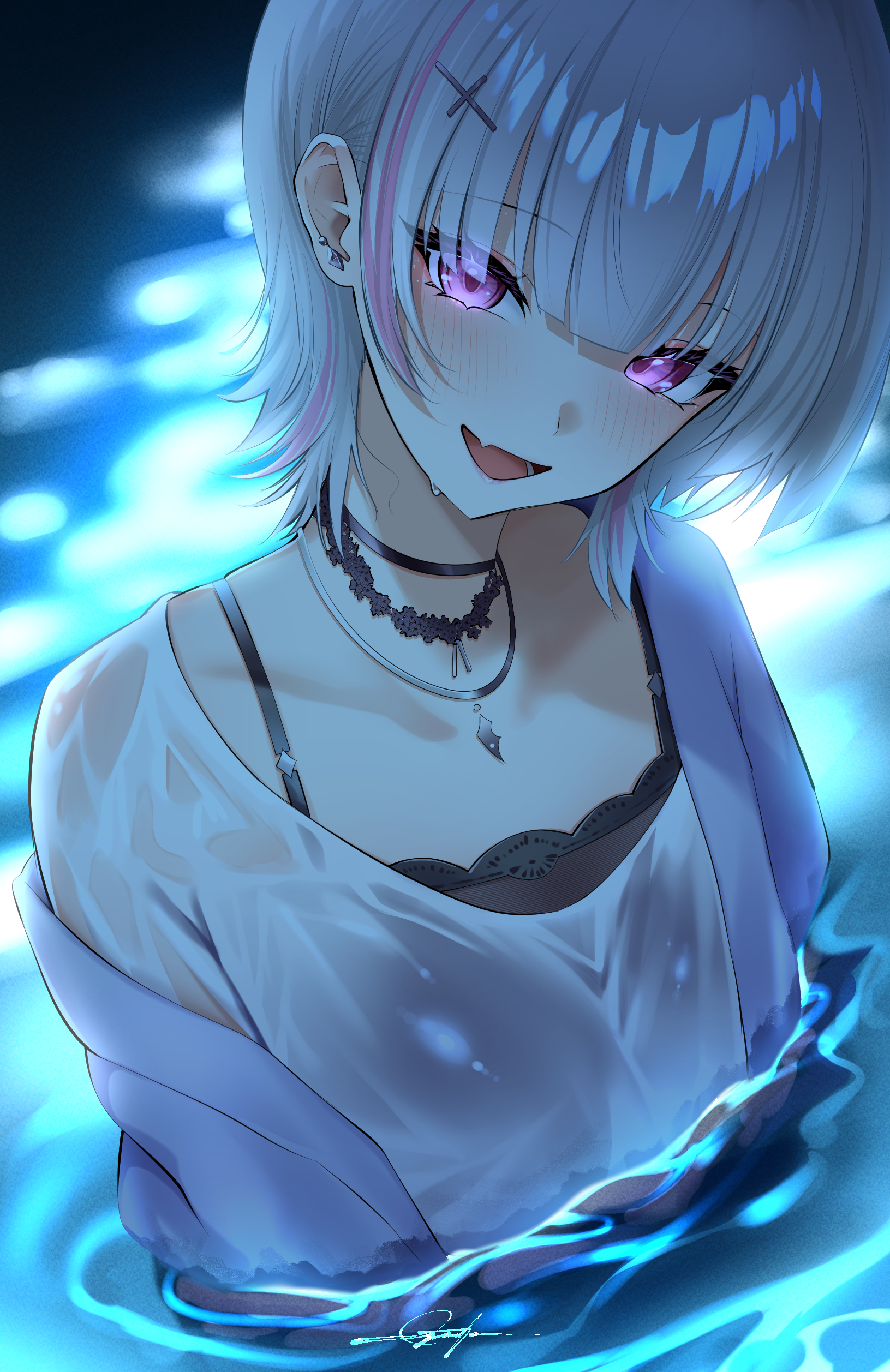 muton (muton82), asumi sena, vspo!, absurdres, highres, 1girl, black choker, camisole, choker, fang, grey hair, jacket, jewelry, long sleeves, looking at viewer, multicolored hair, necklace, night, partially submerged, pink hair, purple eyes, shirt, short hair, skin fang, solo, streaked hair, virtual youtuber, water, wet, white shirt