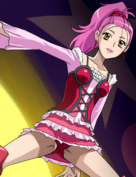 haruyama kazunori, chinen miyuki, miyuki (fresh precure!), fresh precure!, precure, 00s, 1girl, dancing, eyelashes, female focus, panties, panty slip, pink hair, solo, underwear, upskirt, yellow eyes