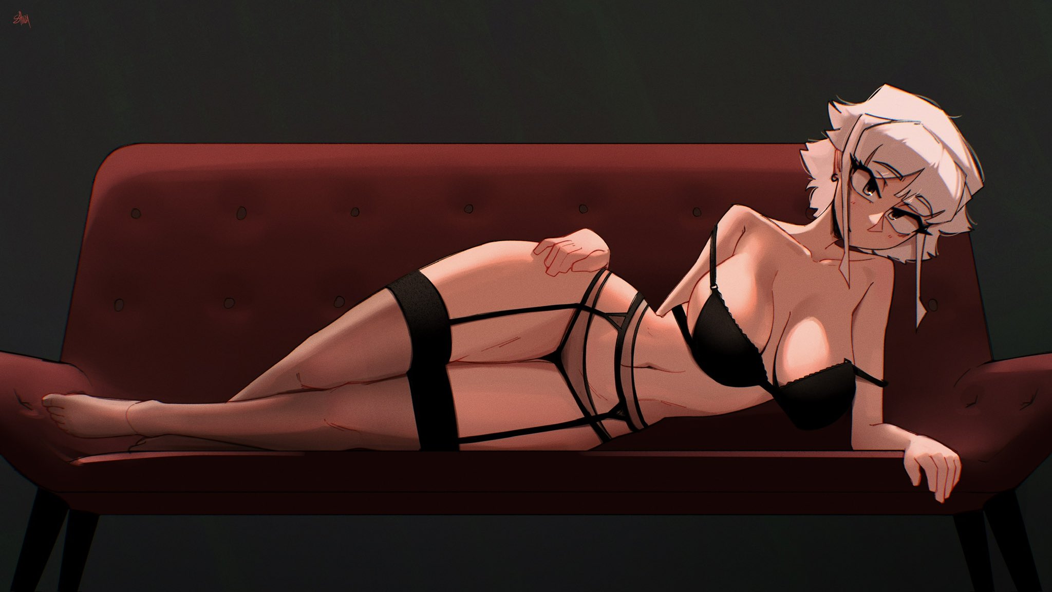 shibansfw, original, commentary, english commentary, highres, 1girl, black bra, black panties, black thighhighs, bra, breasts, breasts apart, couch, full body, garter belt, grey eyes, hand on own thigh, large breasts, looking at viewer, lying, navel, on couch, on side, panties, parted bangs, short hair, sidelocks, solo, thighhighs, thighs, underwear, underwear only, white hair