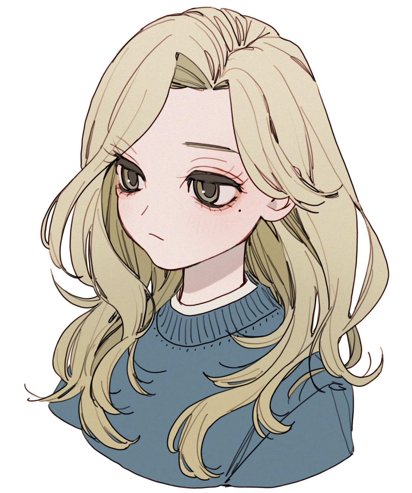 bom (gbombom7), original, highres, 1girl, blonde hair, closed mouth, expressionless, eyelashes, long hair, looking at viewer, mole, simple background, solo, sweater, upper body, white background