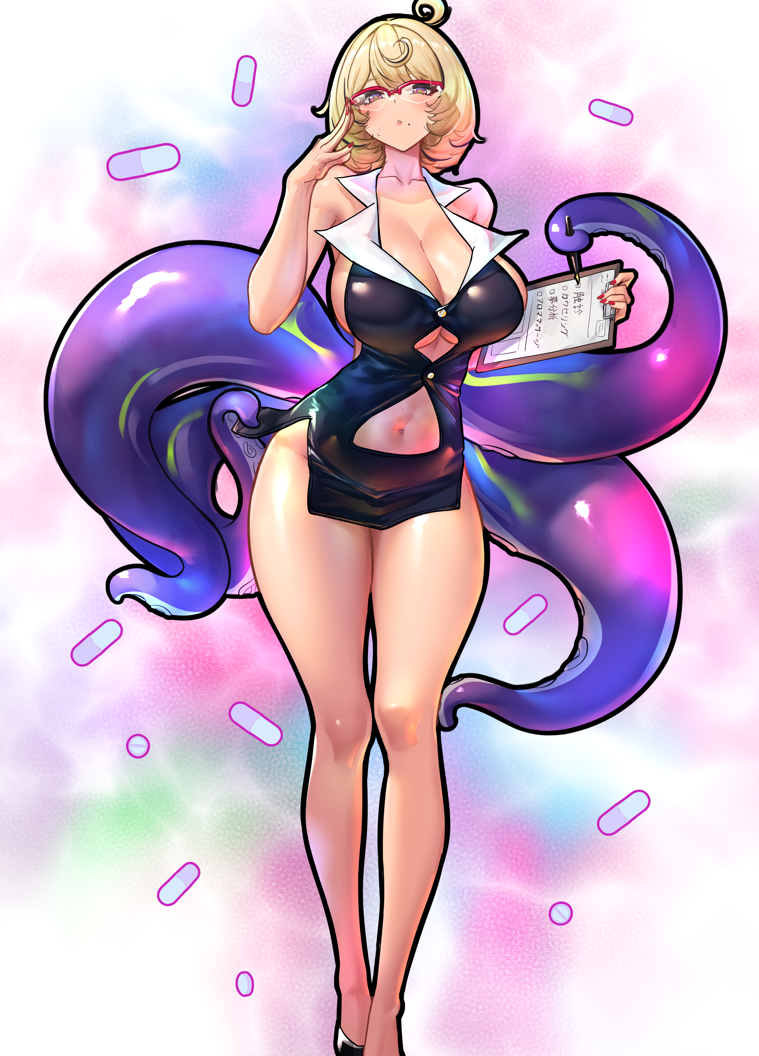 nicchi, yidhari murphy, zenless zone zero, absurdres, commentary request, highres, 1girl, accessories, adjusting eyewear, bare legs, bare shoulders, black dress, black shoes, blonde hair, breasts, cleavage, clothing cutout, collarbone, dress, glasses, hand on eyewear, large breasts, mole, mole under mouth, monster girl, navel, navel cutout, note, octopus, paper, pen, pill, purple eyes, scylla, shoes, short dress, short hair, sideboob, solo, standing, stomach, tentacle girl, tentacle grab, tentacle tail, tentacles, thighs, underboob, yellow pupils