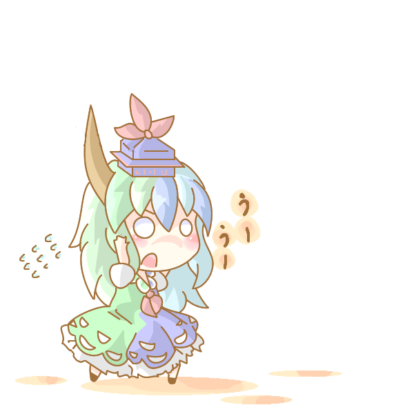 doromizu, ex-keine, kamishirasawa keine, touhou, bad id, bad pixiv id, 1girl, blue hat, chibi, female focus, hat, horns, multicolored hair, o o, single horn, solo