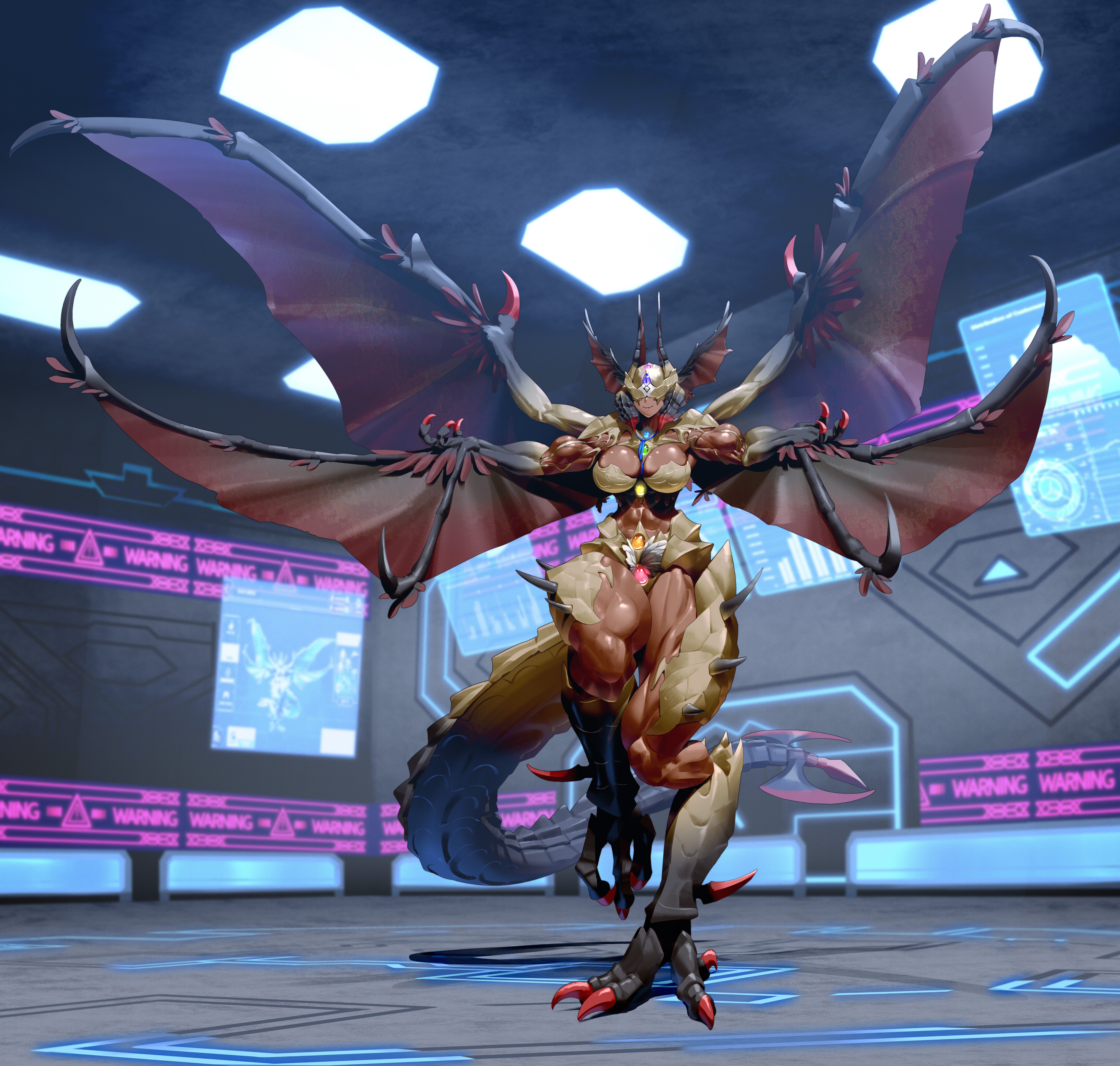 qtime 702, final fantasy, final fantasy xiv, original, absurdres, highres, character transformation, claws, dark-skinned female, dark skin, dragon tail, fake horns, full body, giant, giant monster, giantess, head wings, helmet, horned helmet, horns, laboratory, multiple wings, muscular, muscular female, scales, solo, tail, thick thighs, thighs, transformation, wings