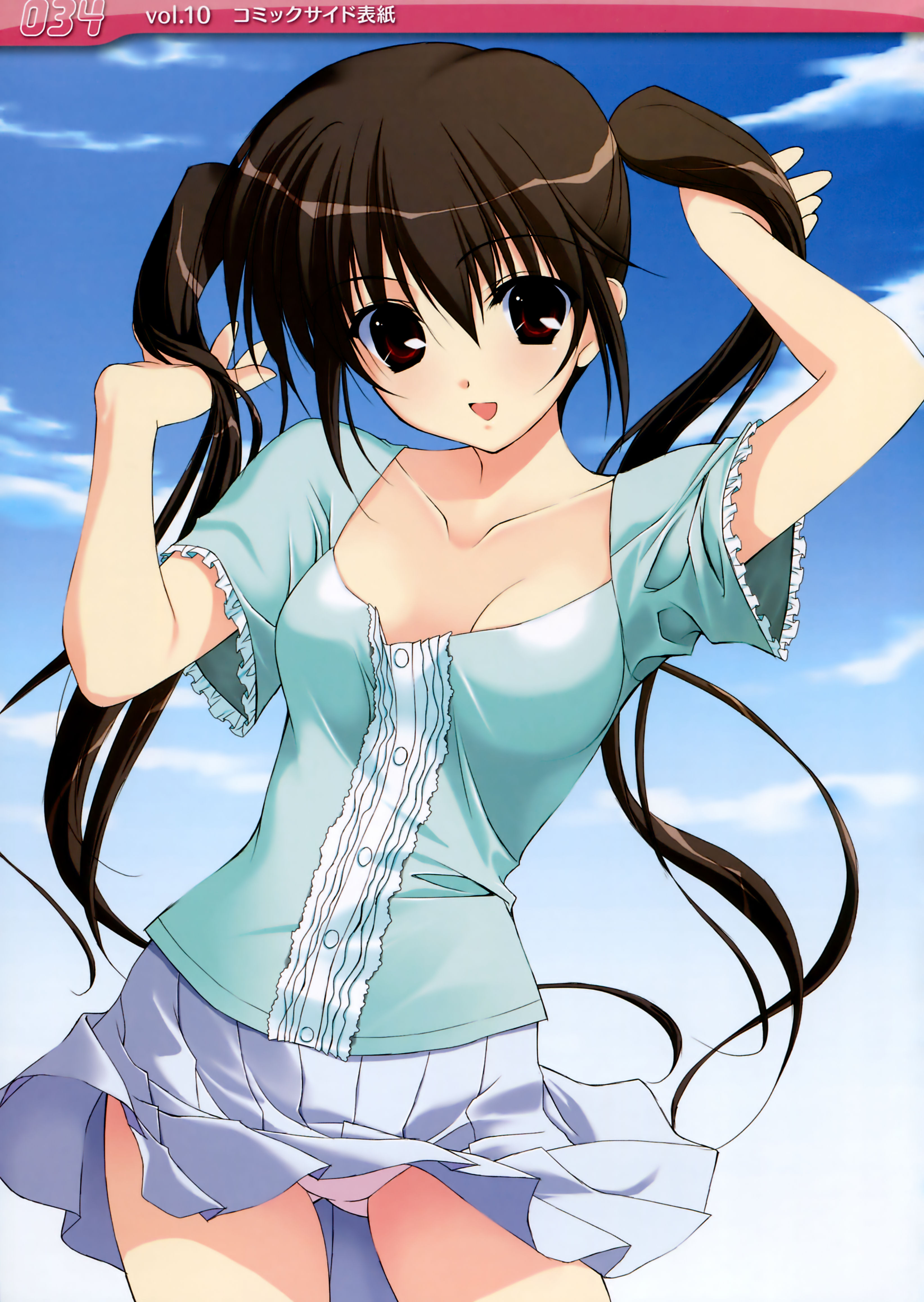 fumio (ura fmo), absurdres, highres, 1girl, blue shirt, blush, breasts, brown hair, cloud, collarbone, day, female focus, grey skirt, long hair, looking at viewer, open mouth, panties, pantyshot, red eyes, shirt, short sleeves, skirt, sky, small breasts, smile, solo, standing, twintails, underwear, wind, wind lift