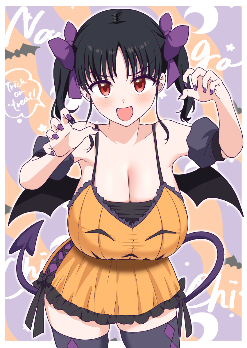 yue (show-ei), nagachichi chika idol-chan (yue (show-ei)), original, commentary, highres, symbol-only commentary, 1girl, argyle clothes, argyle thighhighs, arm up, armpit crease, bare shoulders, black hair, black trim, black wings, blush, bow, breasts, choppy bangs, cleavage, collarbone, cosplay, cowboy shot, demon girl, demon tail, demon wings, dress, english text, fangs, fingernails, frilled dress, frills, hair bow, halloween, halloween costume, hand up, huge breasts, long fingernails, looking at viewer, medium hair, open mouth, purple bow, purple nails, purple thighhighs, red eyes, short dress, sidelocks, solo, spaghetti strap, speech bubble, straight-on, tail, taut clothes, taut dress, thighhighs, thighs, twintails, wings