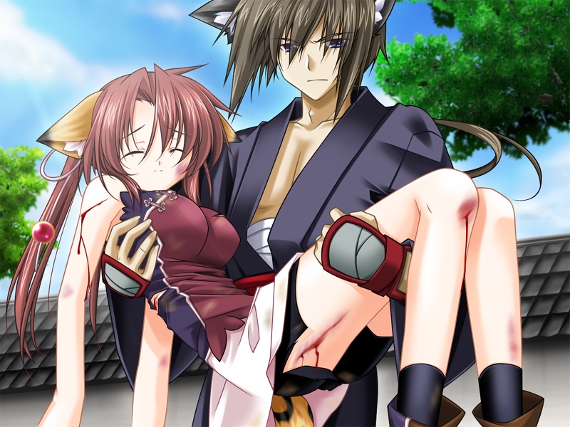 minazuki haruka, mio (relict2), relict2, game cg, 1boy, 1girl, angry, animal ears, bandages, bare shoulders, bike shorts, black hair, blood, blue eyes, boots, breasts, brown hair, carrying, chinese clothes, closed eyes, collarbone, hair ornament, injury, large breasts, long hair, princess carry, tail, tiger ears, tiger tail, twintails