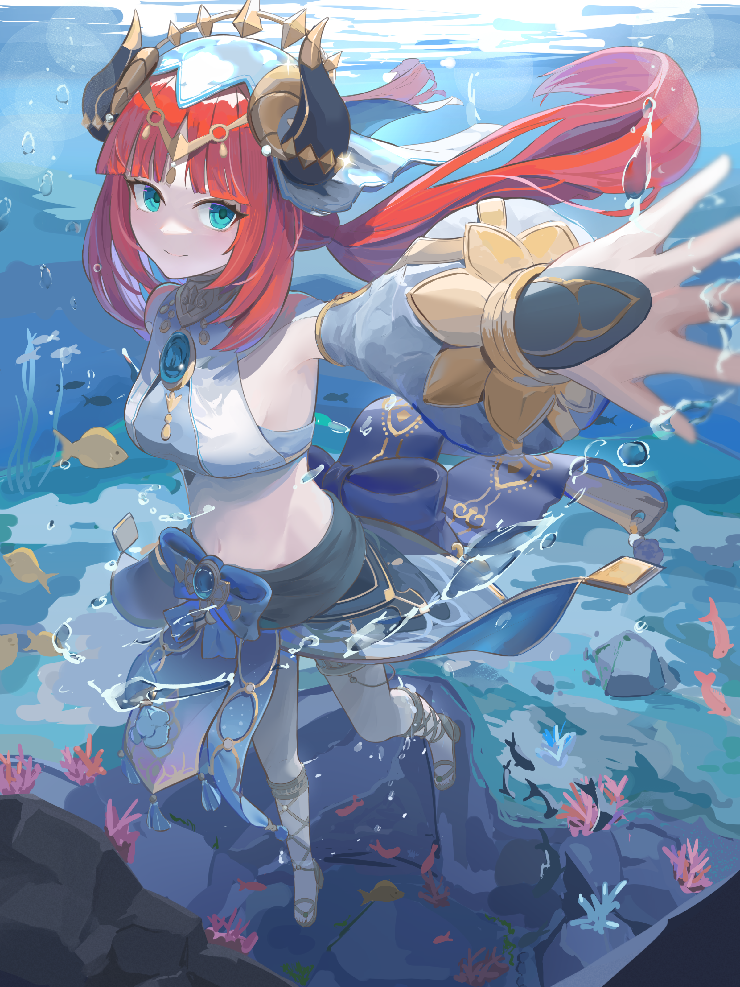 dakechacha, nilou (genshin impact), genshin impact, absurdres, highres, 1girl, blue eyes, blue skirt, breasts, coral, crop top, fake horns, fish, harem outfit, horns, long hair, long sleeves, medium breasts, navel, red hair, shirt, skirt, sleeveless, sleeveless shirt, solo, stomach, underwater, veil, white veil
