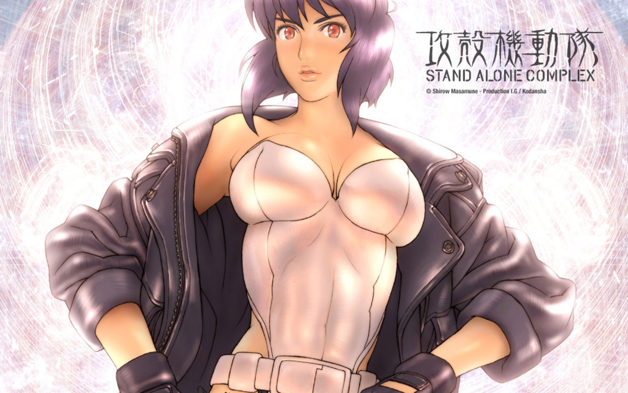 shirou masamune, kusanagi motoko, ghost in the shell, ghost in the shell: stand alone complex, 00s, 1girl, belt, breasts, cleavage, close-up, covered erect nipples, female focus, gloves, jacket, large breasts, leotard, lips, purple hair, red eyes, short hair, solo