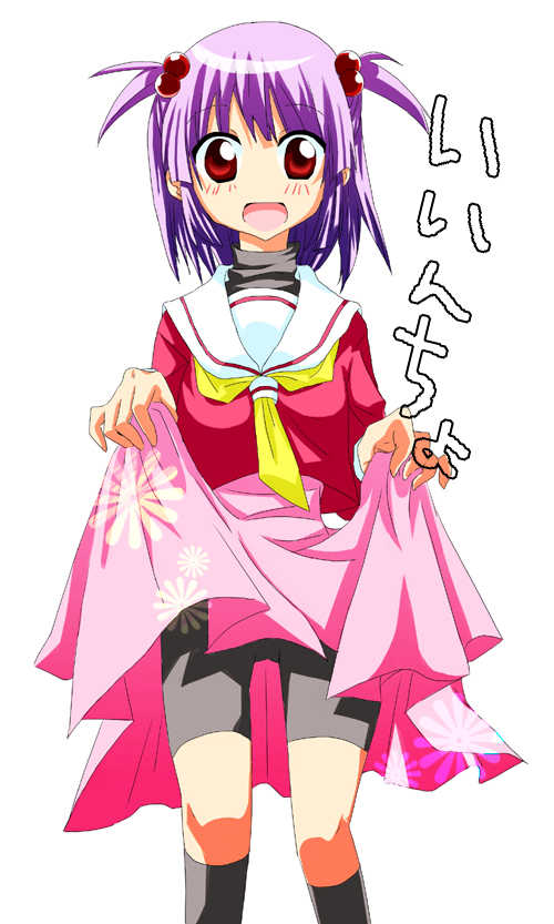 satou, segawa izumi, hayate no gotoku!, 00s, bike shorts, clothes lift, purple hair, red eyes, school uniform, skirt, skirt lift