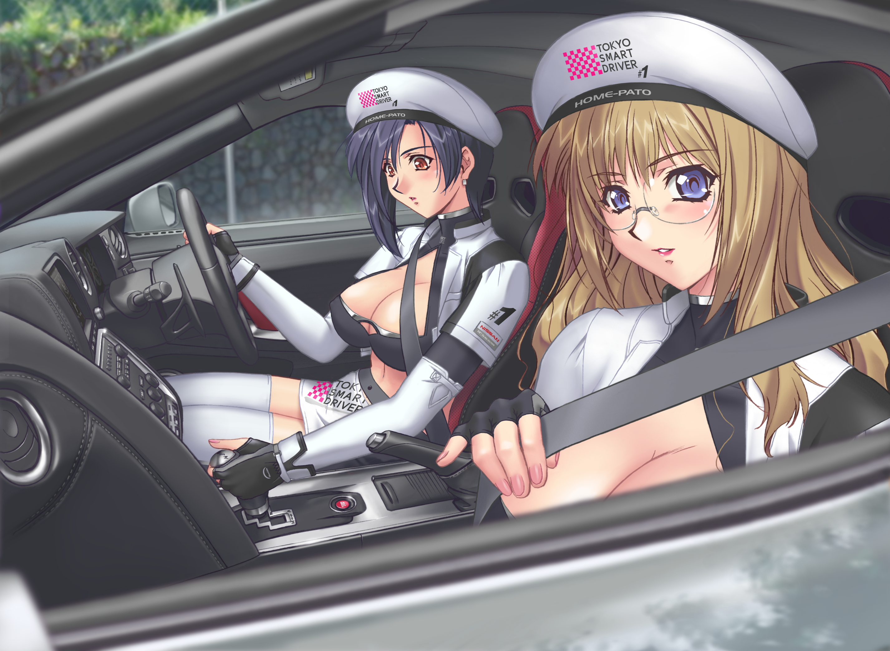 r1, nissan, highres, 2girls, blonde hair, blue hair, breasts, car, car interior, cleavage, glasses, gtr, hat, large breasts, motor vehicle, multiple girls, nail polish, nissan gt-r, race queen, right-hand drive, thighhighs