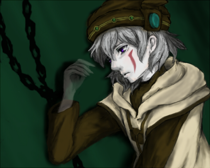 aigea125, tsukasa (.hack//), .hack//, .hack//games, .hack//sign, bandai, cyber connect 2, silver hair, bad id, bad pixiv id, 00s, 1boy, chain, gradient background, hat, male focus, purple eyes, solo