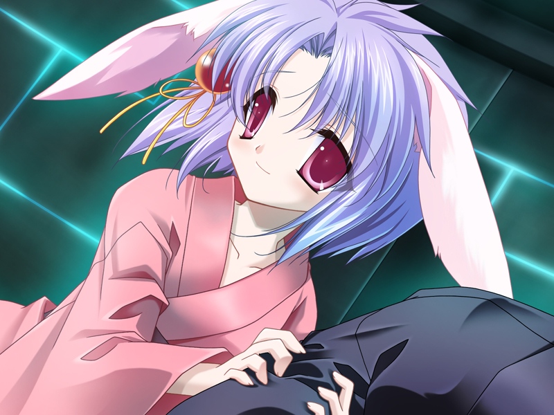minazuki haruka, setsuna (relict2), relict2, grabbing, game cg, 1girl, animal ears, collarbone, hair ornament, japanese clothes, purple hair, rabbit ears, red eyes, short hair, smile, solo focus