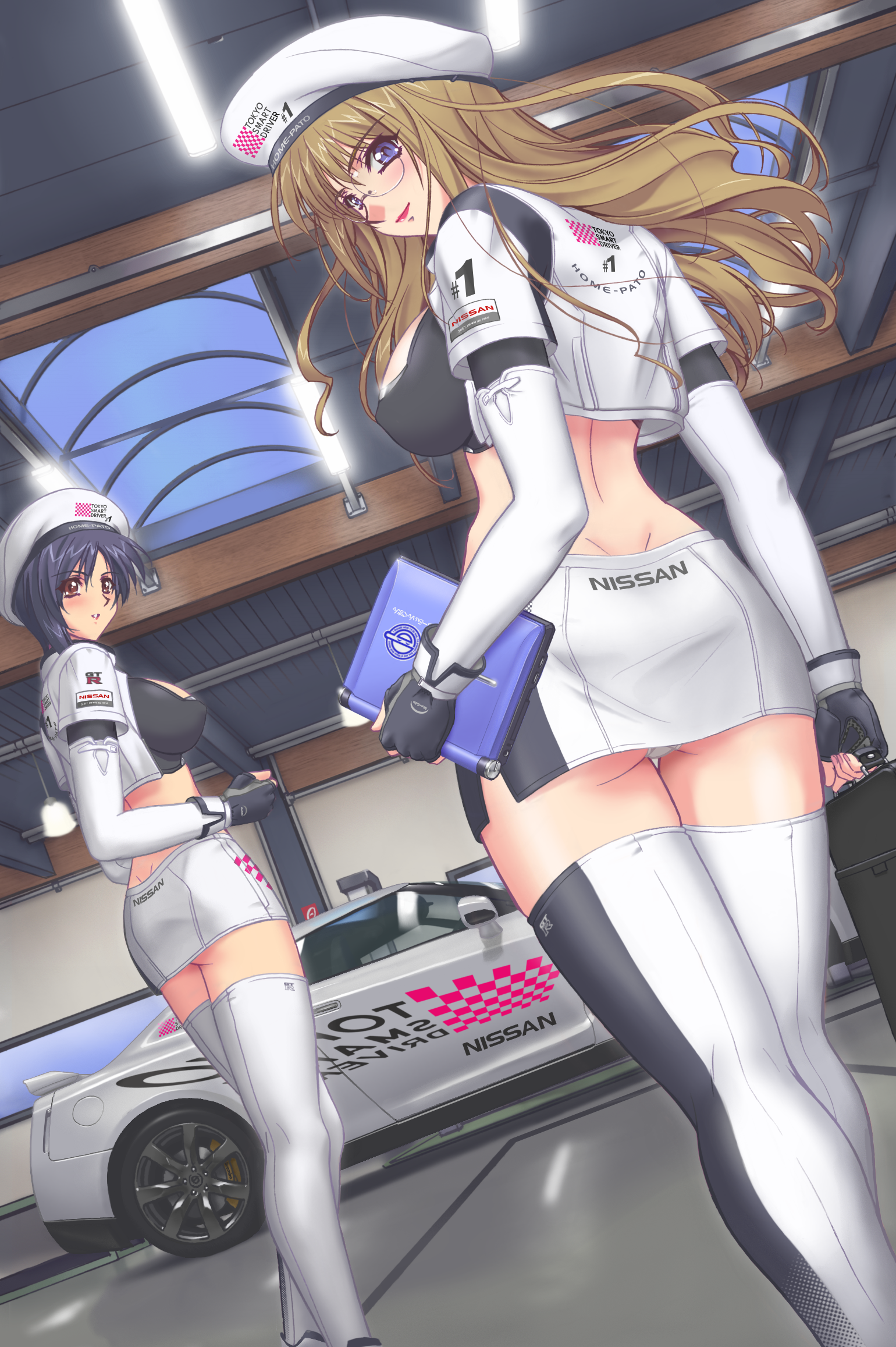 r1, nissan, highres, 2girls, beret, blue eyes, blue hair, breasts, brown eyes, brown hair, car, cleavage cutout, clothing cutout, computer, dimples of venus, elbow gloves, fingerless gloves, from behind, glasses, gloves, gtr, hat, laptop, large breasts, laughing man (gits), long hair, looking back, midriff, motor vehicle, multiple girls, nissan gt-r, panties, race queen, short hair, smile, thighhighs, underwear, upskirt, white panties, zettai ryouiki
