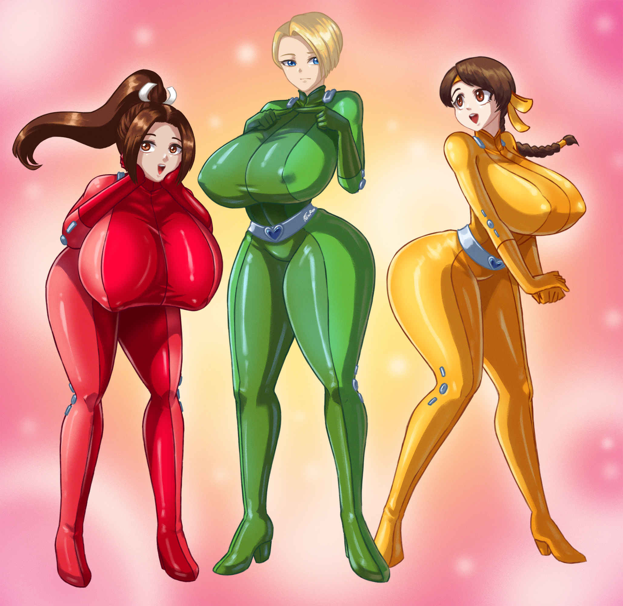 fenrox, king (snk), shiranui mai, yuri sakazaki, snk, the king of fighters, totally spies, highres, 3girls, belt, bent over, blonde hair, blue eyes, bodysuit, breasts, covered erect nipples, curvy, female focus, full body, huge breasts, long hair, matching hair/eyes, multiple girls, ponytail, short hair, skin tight, thick thighs, thighs, wide hips