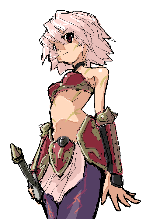 kuropan (crow panther), kurou (artist), kunisaki rena, .hack//, .hack//tasogare no udewa densetsu, bandai, cyber connect 2, 00s, 1girl, armor, bare shoulders, choker, female focus, from below, midriff, oekaki, pantyhose, pink hair, pixel art, red eyes, short hair, solo, sword, weapon