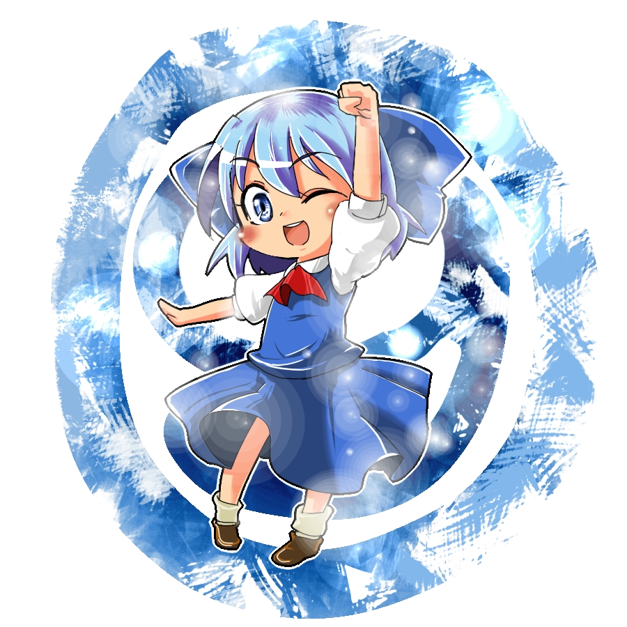 kato (artist), kato (mogumoguokome), cirno, embodiment of scarlet devil, touhou, 1girl, blue eyes, blue hair, female focus, matching hair/eyes, short hair, solo