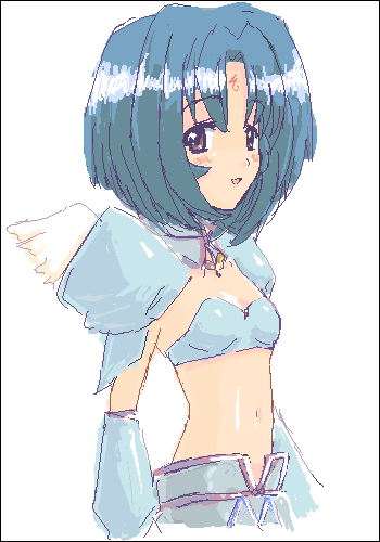 kuropan (crow panther), kurou (artist), subaru (.hack//), .hack//, .hack//sign, bandai, cyber connect 2, lowres, 00s, 1girl, angel wings, blue hair, brown eyes, detached sleeves, female focus, midriff, oekaki, pixel art, short hair, smile, solo, wings