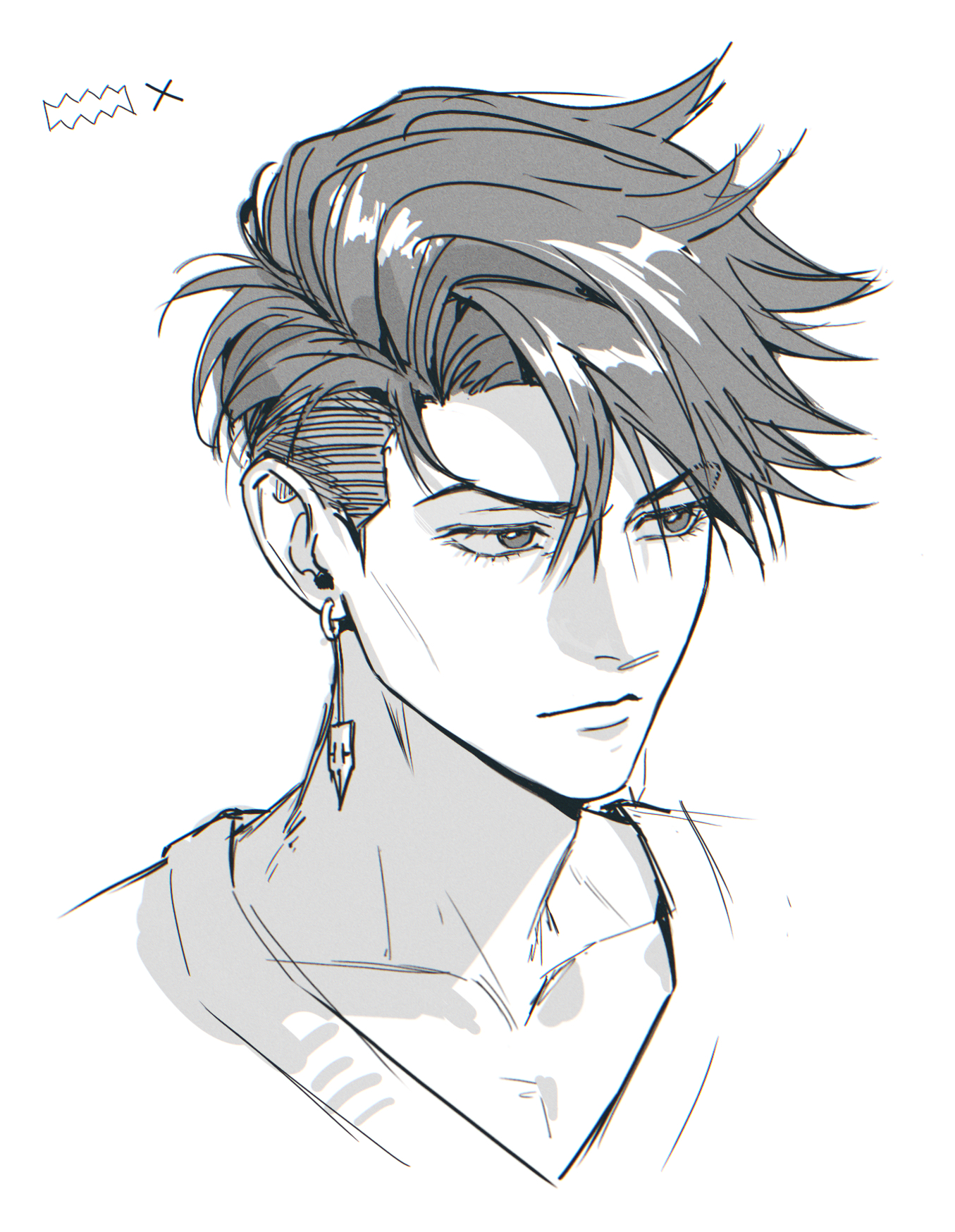 kishibe rohan, diamond wa kudakenai, jojo no kimyou na bouken, commentary request, highres, 1boy, closed mouth, collarbone, cropped shoulders, earrings, fishumarket, greyscale, hair between eyes, jewelry, looking to the side, male focus, monochrome, parted hair, short hair, simple background, sketch, solo, white background