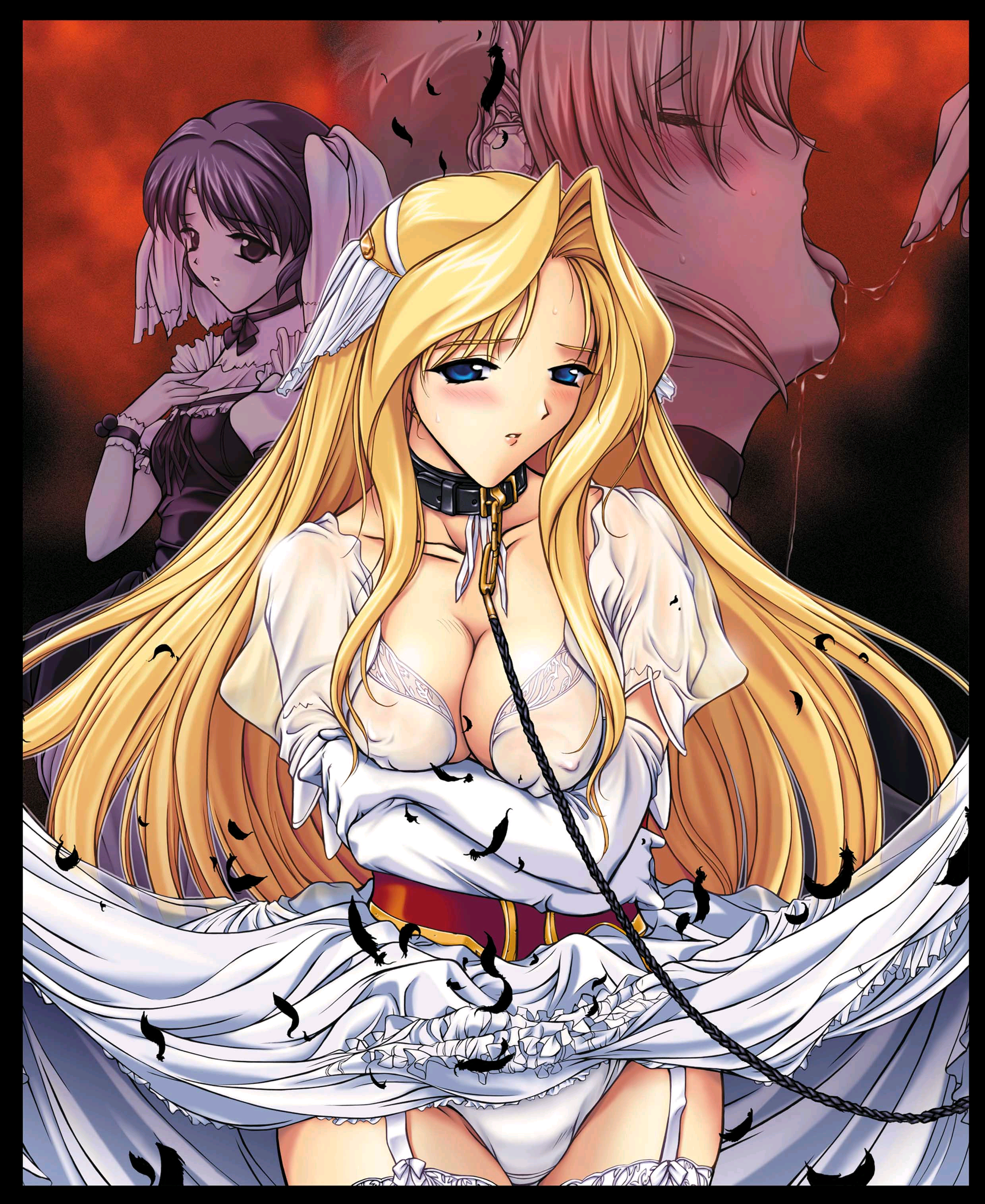 onigirikun, ellene (darcrows), eulicia, tiaris (darcrows), darcrows, absurdres, highres, official art, scan, 3girls, blonde hair, blue eyes, blush, breasts, closed eyes, clothes lift, collar, covered erect nipples, crossed arms, dress, dress lift, elbow gloves, gloves, large breasts, leash, long hair, multiple girls, open mouth, viewer holding leash, white dress, white gloves