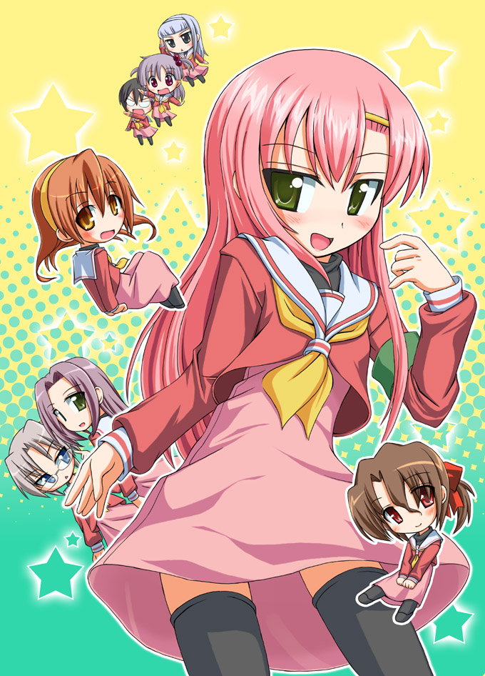 donmaru, asakaze risa, hanabishi miki, harukaze chiharu, hibino fumi, kasumi aika, katsura hinagiku, maria (hayate no gotoku!), segawa izumi, hayate no gotoku!, bad id, bad pixiv id, 00s, 6+girls, chibi, glasses, green eyes, long hair, multiple girls, pink hair, school uniform, thighhighs