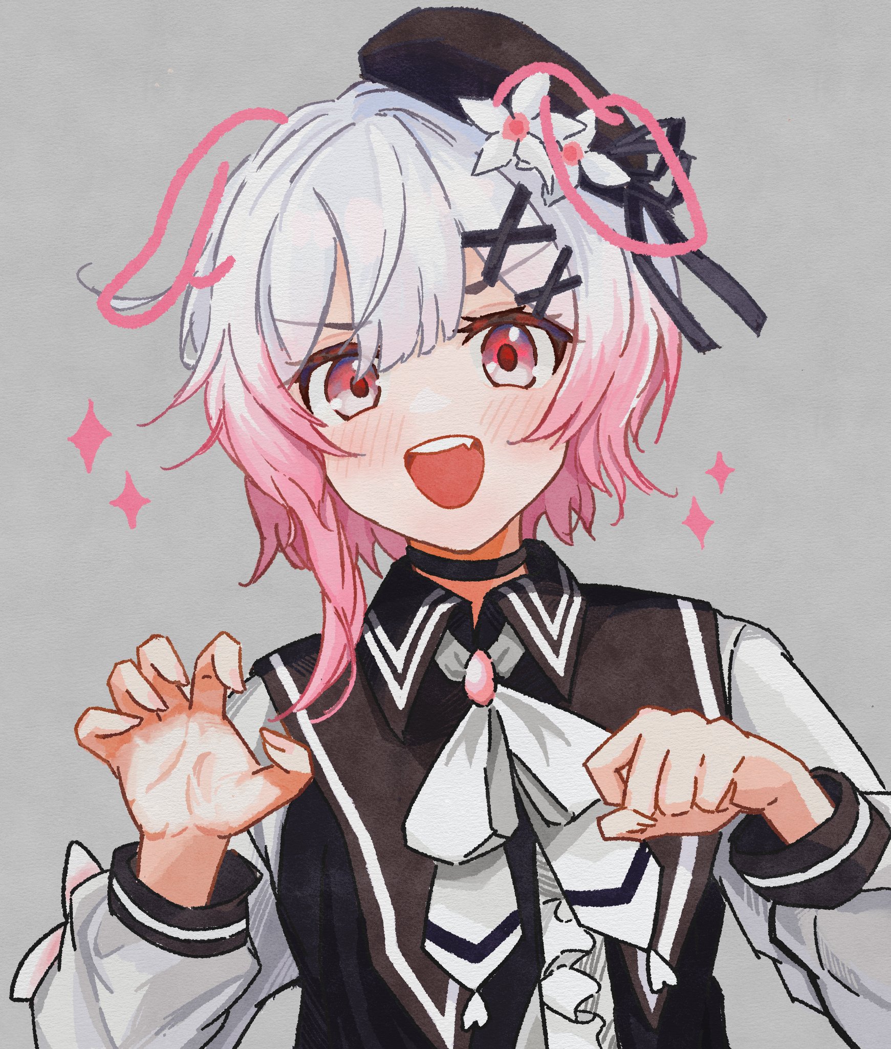 sakuraba ema, mahou shoujo no majo saiban, highres, 1girl, :d, animal ears, beret, black hat, claw pose, dog ears, drawn ears, flower, gradient hair, grey background, hair flower, hair ornament, hands up, hat, long sleeves, looking at viewer, multicolored hair, neck ribbon, open mouth, pink eyes, pink hair, ribbon, short hair, smile, solo, sparkle, superbigneet, upper body, white flower, white hair, white ribbon, x hair ornament