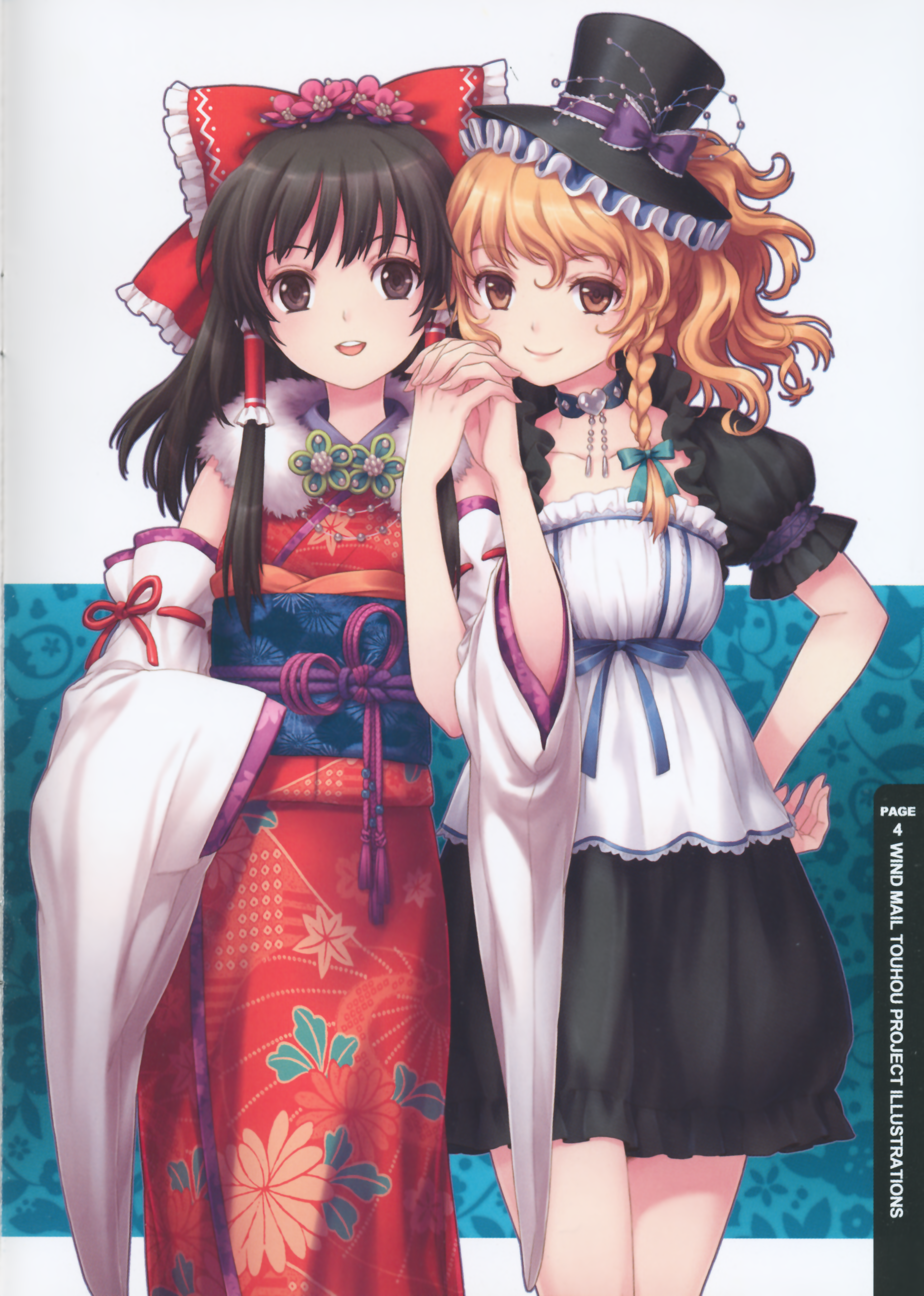 an2a, hakurei reimu, kirisame marisa, touhou, absurdres, highres, 2girls, alternate costume, blonde hair, bow, detached sleeves, female focus, gothic lolita, hair bow, hand on own hip, hat, heart, hip focus, holding hands, japanese clothes, kimono, lolita fashion, looking at viewer, miko, multiple girls, smile