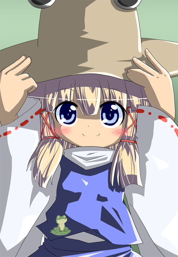 mori no kaeru, moriya suwako, touhou, 1girl, blonde hair, blue eyes, blush, female focus, frog, gradient background, hat, short hair, skirt, solo