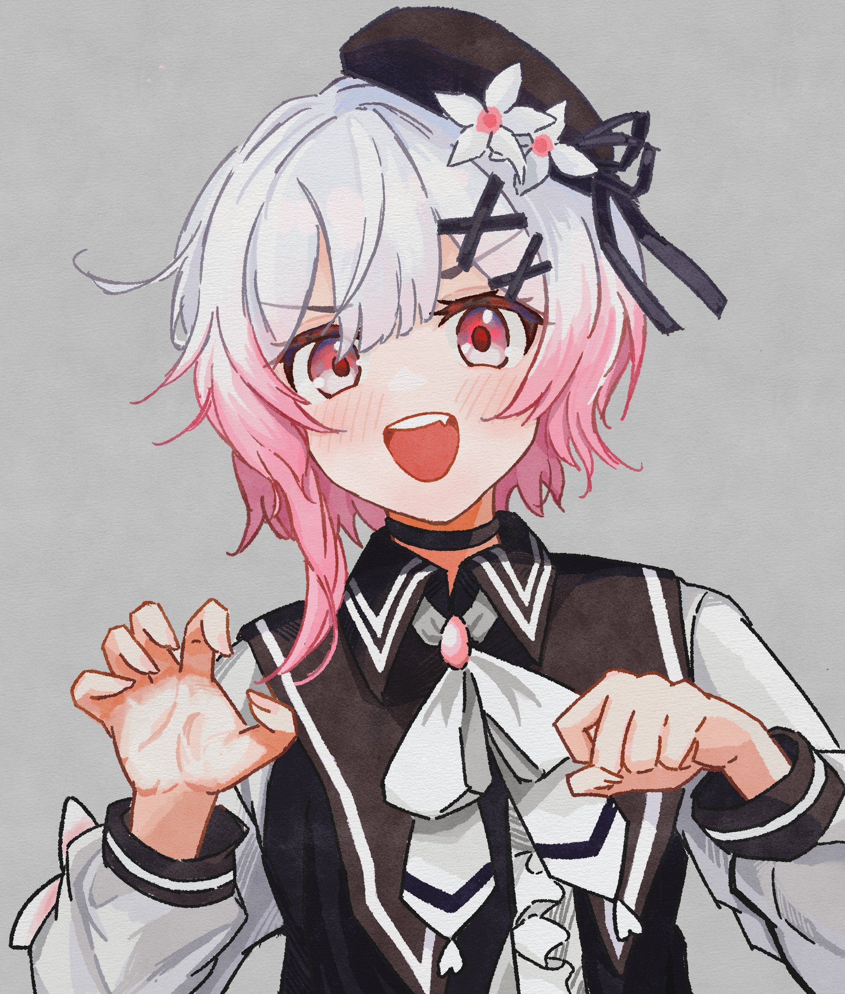 sakuraba ema, mahou shoujo no majo saiban, highres, 1girl, :d, beret, black hat, claw pose, flower, gradient hair, grey background, hair flower, hair ornament, hands up, hat, long sleeves, looking at viewer, multicolored hair, neck ribbon, open mouth, pink eyes, pink hair, ribbon, short hair, smile, solo, superbigneet, upper body, white flower, white hair, white ribbon, x hair ornament