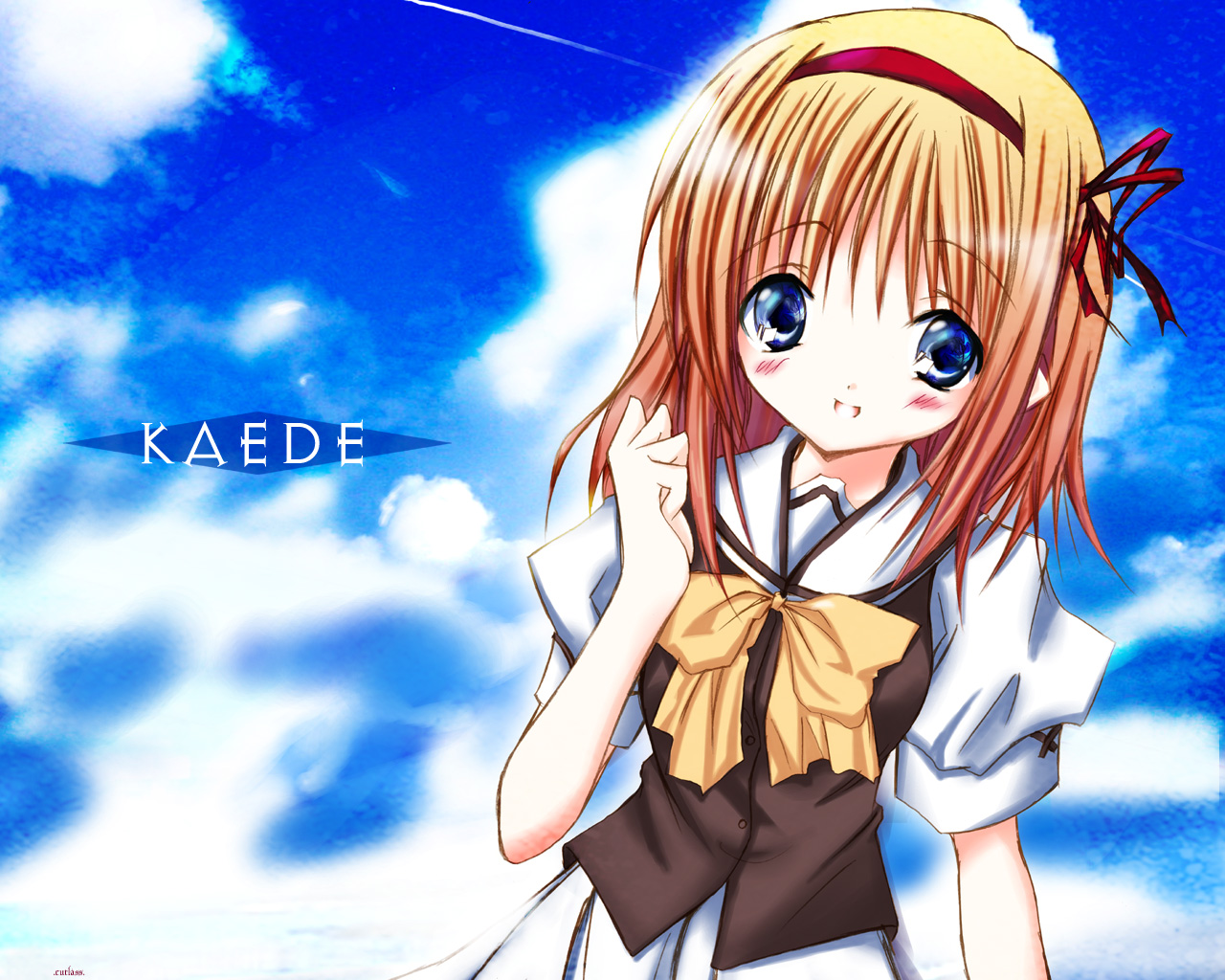 cutlass (classic chocolate), fuyou kaede, shuffle!, 00s, 1girl, blue eyes, cutlass, female focus, orange hair, school uniform, short hair, solo