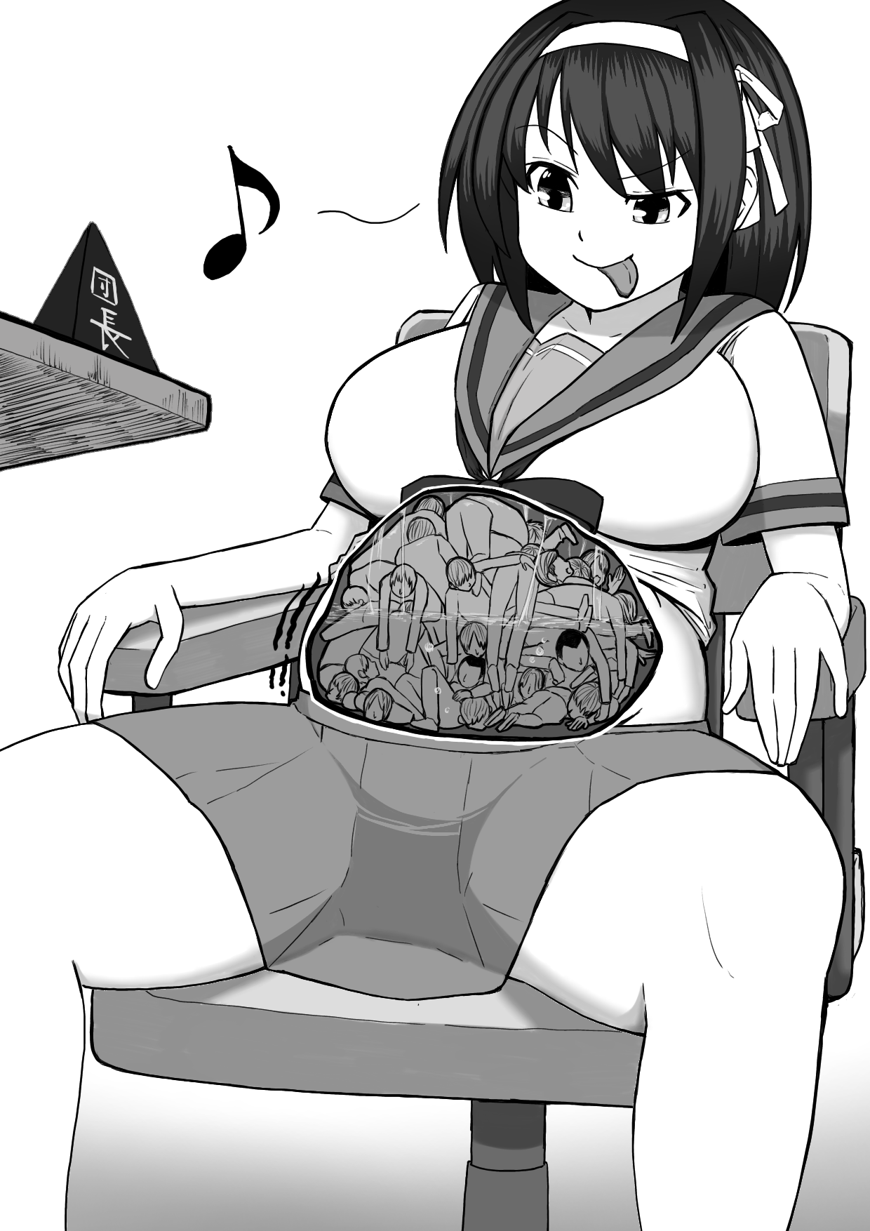 suzumiya haruhi, suzumiya haruhi no yuuutsu, highres, non-web source, 1girl, big belly, chair, digestion, greyscale, koshi80, koshi (koshi 80), looking down, mini person, monochrome, multiple boys, simple background, sitting, size difference, vore